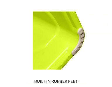 Close-up of the bottom of a bright yellow step stool featuring built-in rubber feet for stability.