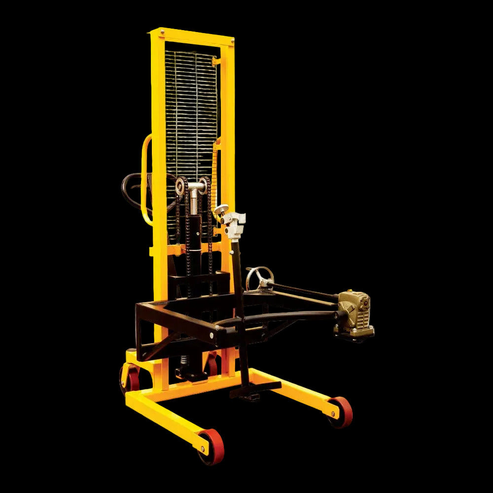 A bright yellow hydraulic drum barrel tiller lift with a sturdy black frame, designed for lifting heavy steel drums in industrial settings.