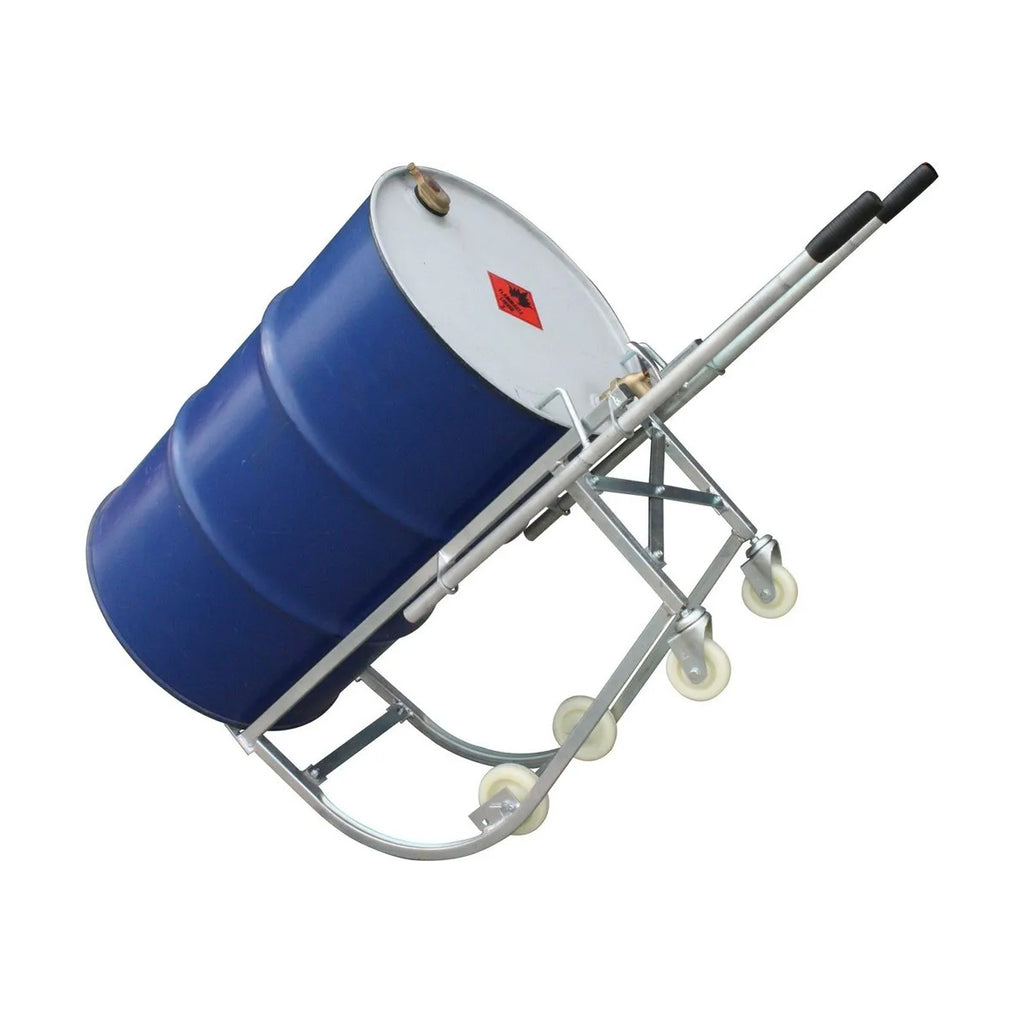 A blue industrial drum on a metal dolly, tilted for easy transport, featuring solid wheels for mobility and a hazardous materials label.