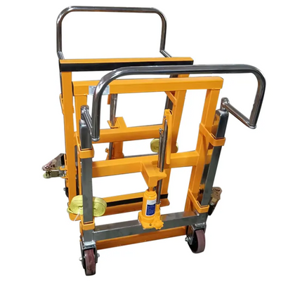 A yellow and silver furniture mover with four wheels, handles, and hydraulic components for easy mobility and heavy lifting.