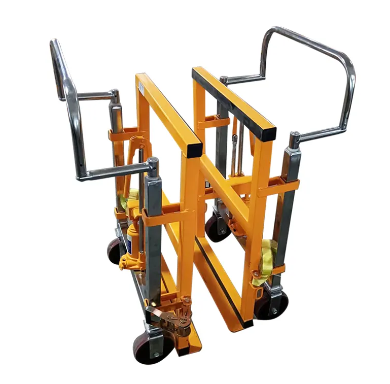 A sturdy, yellow and metal furniture mover with handles and four wheels, designed for transporting items securely.