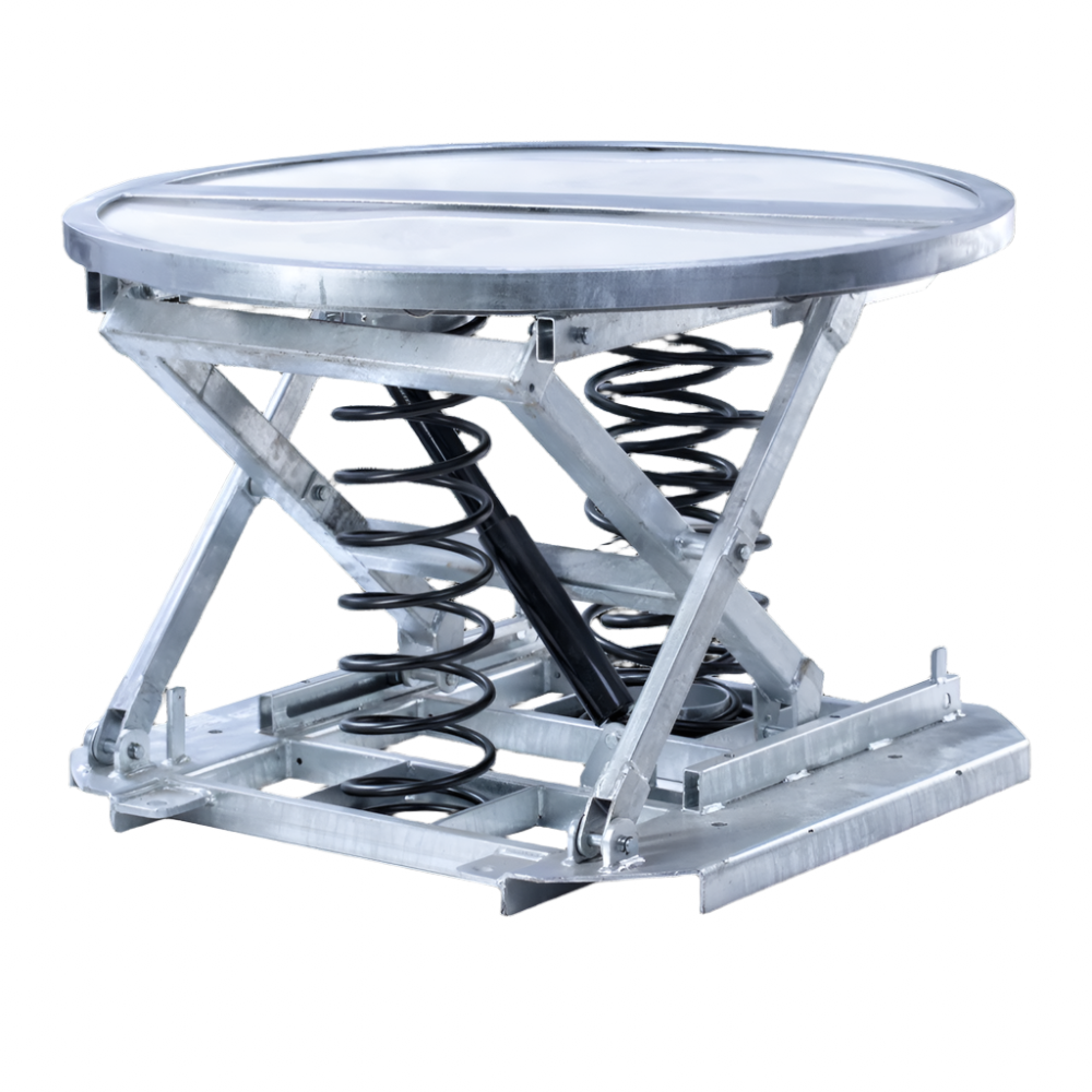 A metallic lifting platform with springs and a round top, designed for elevation and mechanical support.
