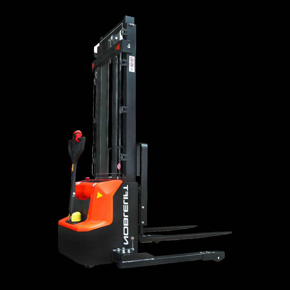 A modern orange and black electric stacker with a lifting mast and forks, designed for material handling in warehouses.