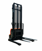 A compact electric stacker with dual forks, vertical mast, and safety guard, designed for efficient material handling.