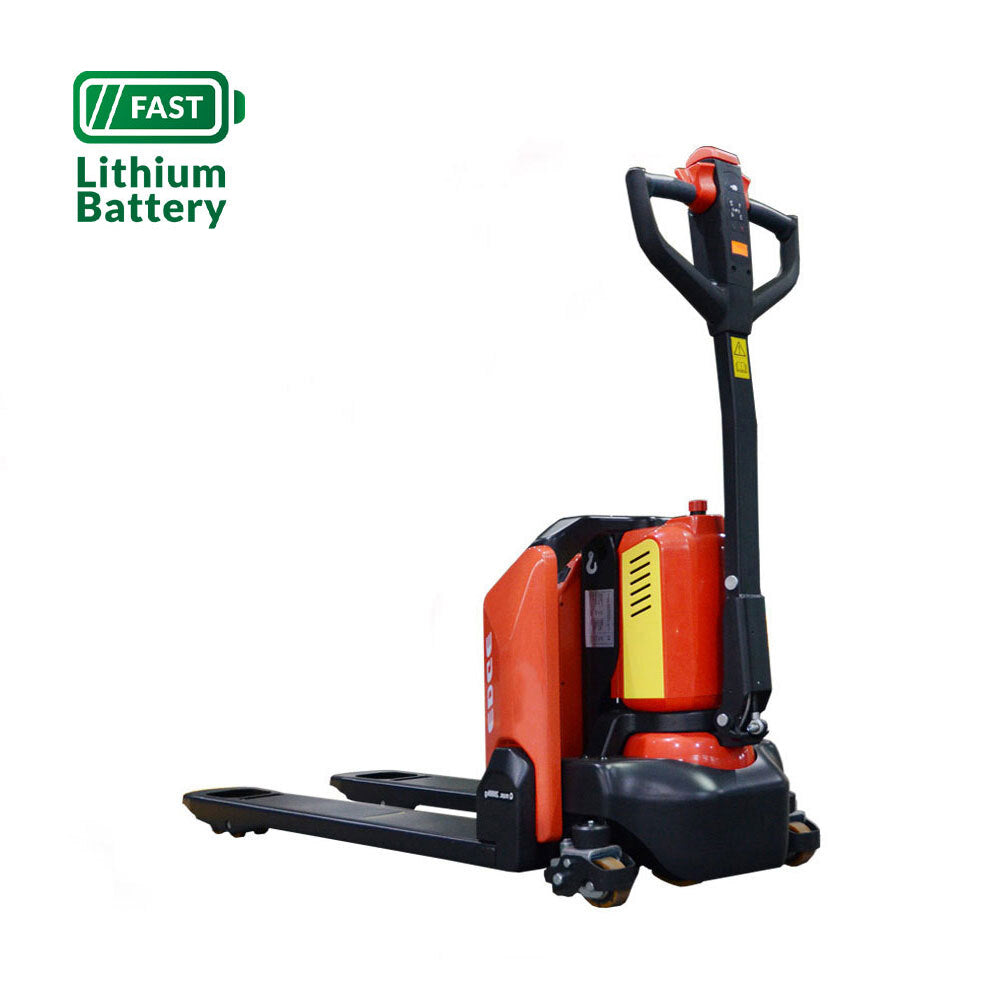 A compact electric pallet jack with a lithium battery, featuring a red and black design, ideal for efficient material handling.