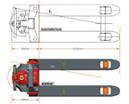 Diagram of a hand pallet truck showing top and side views, dimensions labeled, featuring a red lifting mechanism and gray forks.