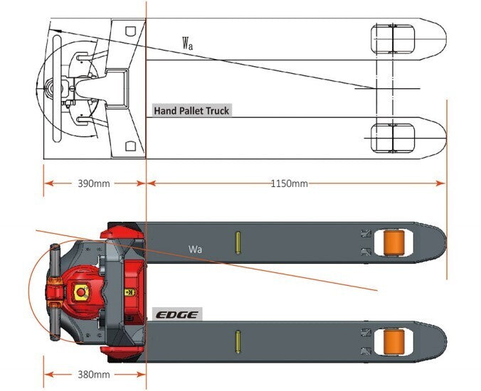 Diagram of a hand pallet truck showing top and side views, dimensions labeled, featuring a red lifting mechanism and gray forks.