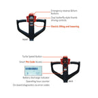 Control panel of an electric device showing buttons for lifting, lowering, speed adjustment, pin code access, and a battery indicator.