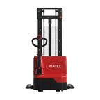 A red Matex pallet stacker with a 1200kg capacity, featuring a vertical lift mechanism and ergonomic handle for maneuverability.