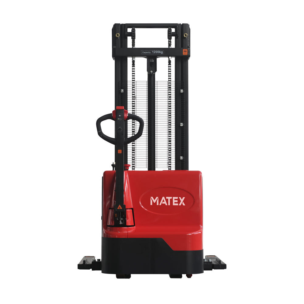 A red Matex pallet stacker with a 1200kg capacity, featuring a vertical lift mechanism and ergonomic handle for maneuverability.