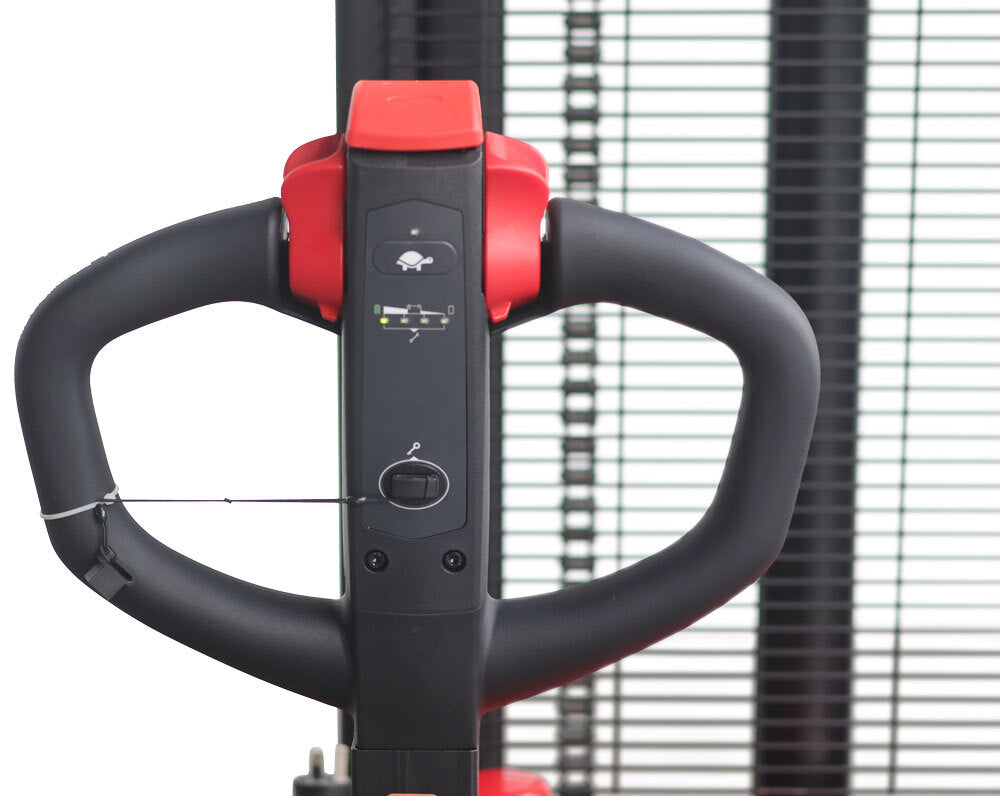Close-up of a forklift control handle featuring red buttons, speed indicator, and safety features against a striped background.