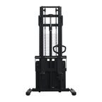 Vertical electric stacker with dual lifting arms, control handle, and stability base, designed for efficient material handling.