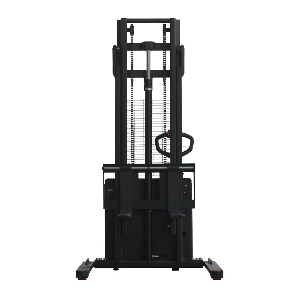 Vertical electric stacker with dual lifting arms, control handle, and stability base, designed for efficient material handling.