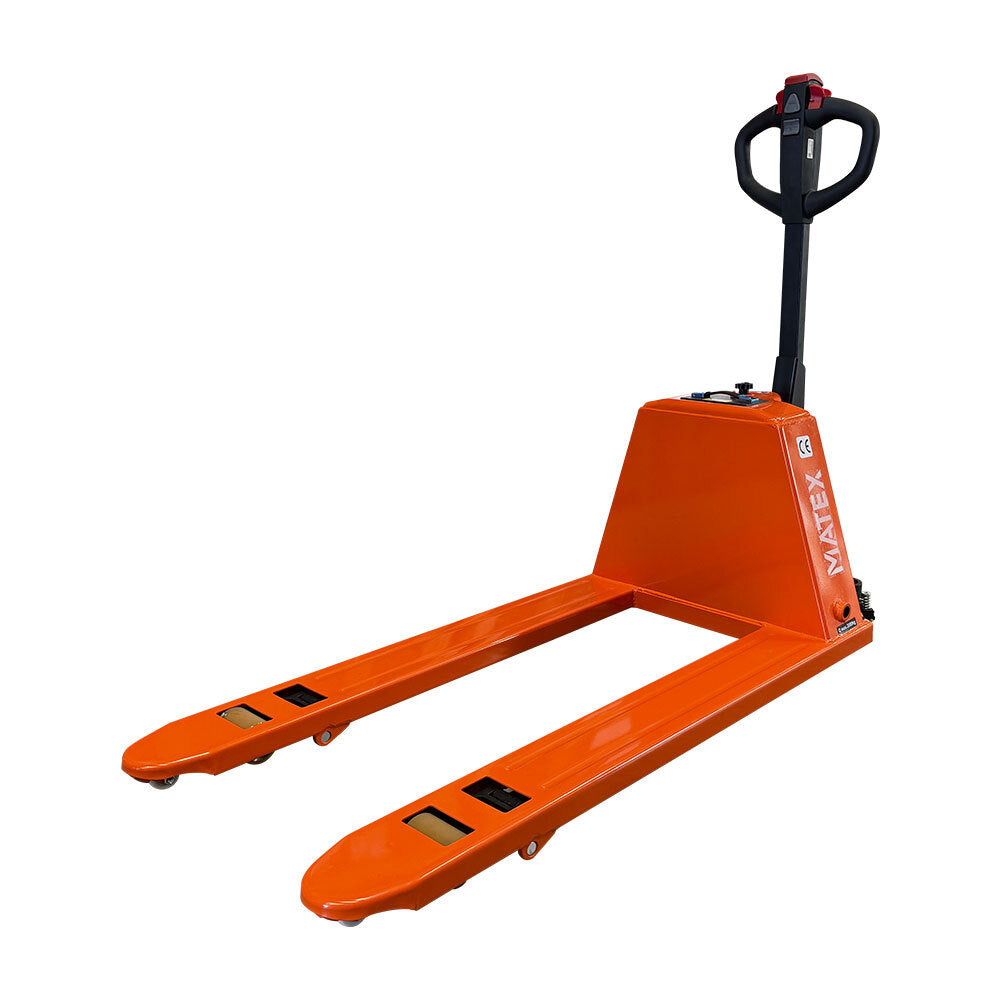 An orange pallet jack with a black ergonomic handle and measuring gauges on both forks, designed for lifting and transporting goods.