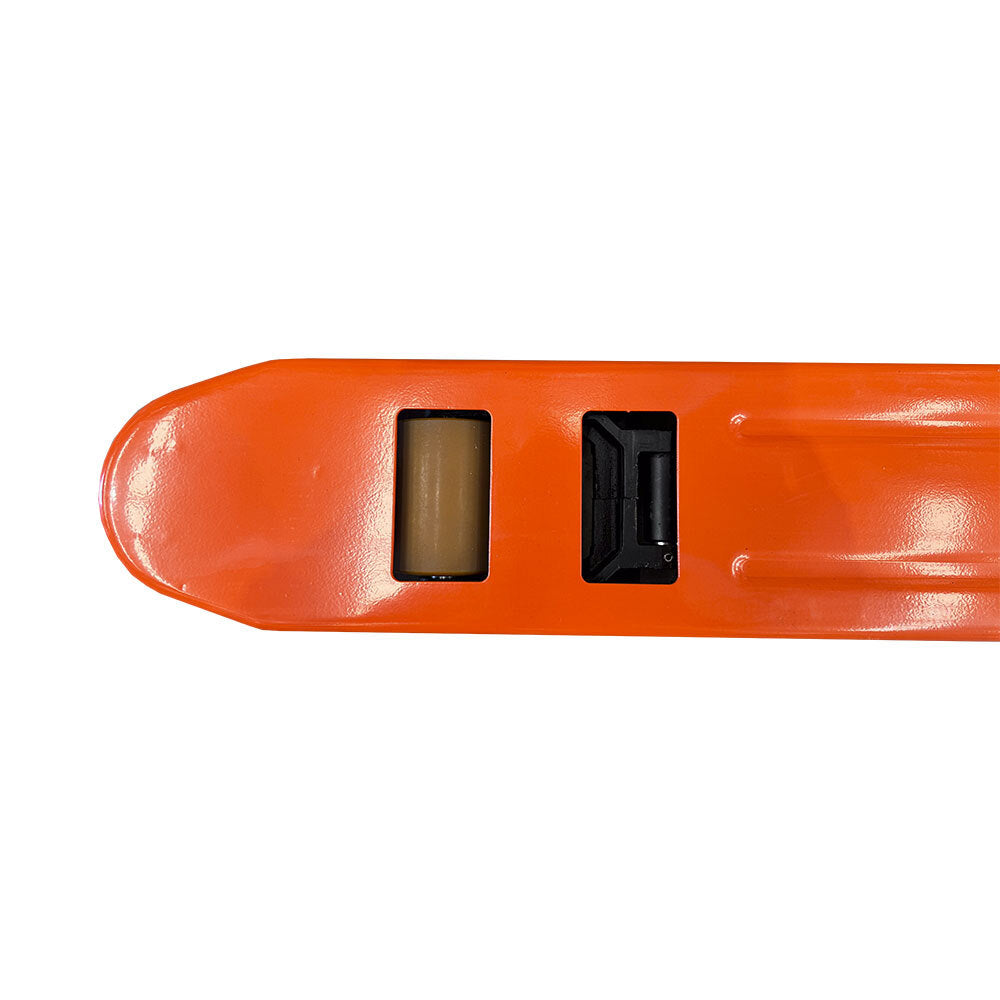 Top view of a bright orange pallet jack fork with a roller and a black latch, showcasing its sturdy design for material handling.
