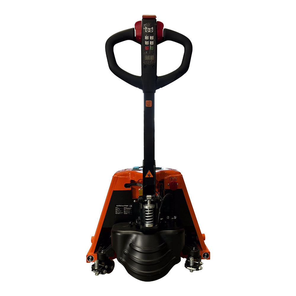 Front view of a compact, orange electric pallet jack featuring a control panel and ergonomic handle for easy maneuvering.