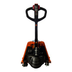 Front view of a compact, orange electric pallet jack featuring a control panel and ergonomic handle for easy maneuvering.