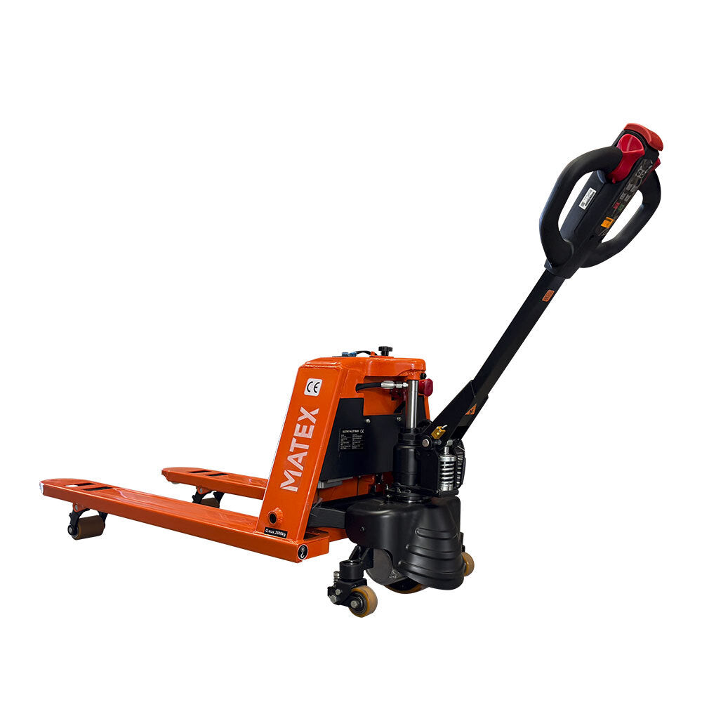 Orange hydraulic pallet jack with a black handle, designed for transporting heavy loads easily in warehouses and industrial settings.