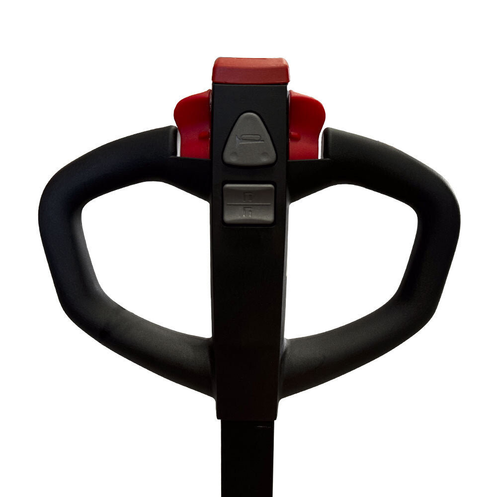 Close-up of a pallet jack handle with ergonomic grips and control buttons for forward and reverse movement.
