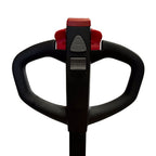 Close-up of a pallet jack handle with ergonomic grips and control buttons for forward and reverse movement.