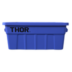 Front view of a blue plastic storage container with a ribbed sides and 'THOR' logo, featuring side handles.