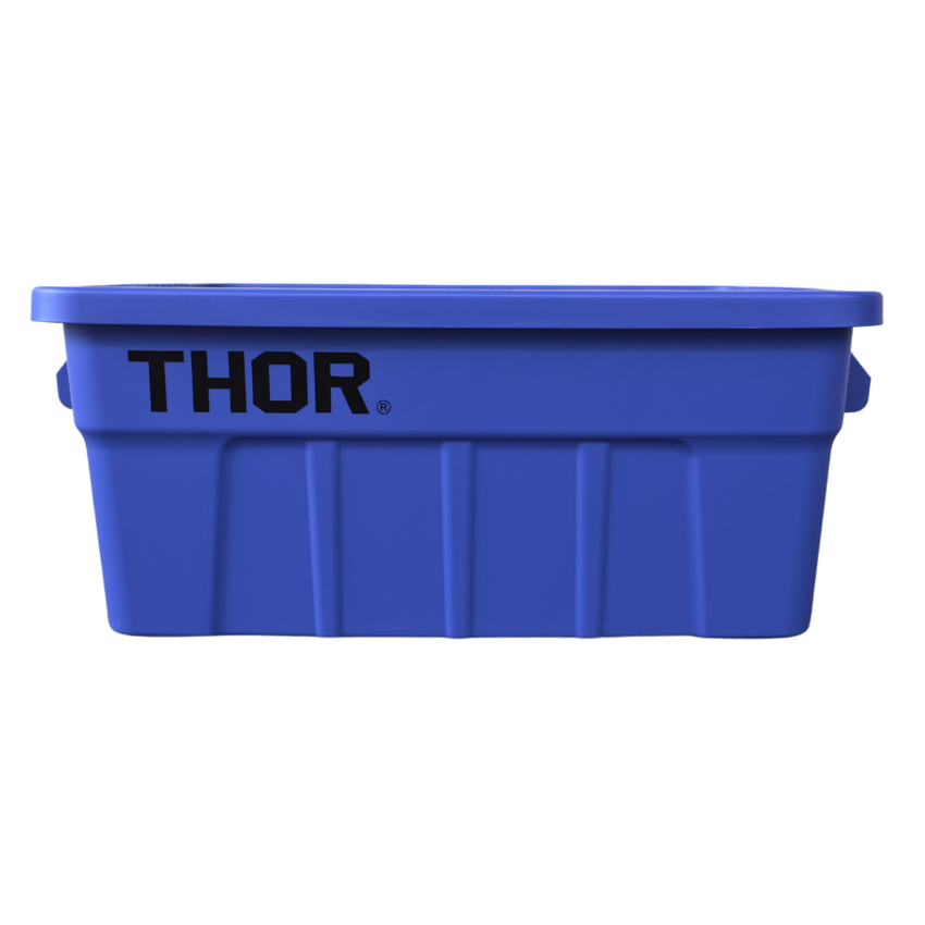Front view of a blue plastic storage container with a ribbed sides and 'THOR' logo, featuring side handles.
