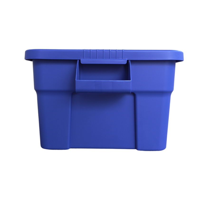 Side view of blue storage container facing the easy to grip handles.