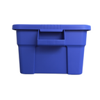 Side view of blue storage container facing the easy to grip handles.