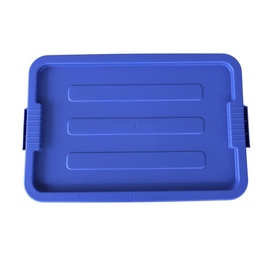 Above view of a blue storage container looking at the ribbed lid design.