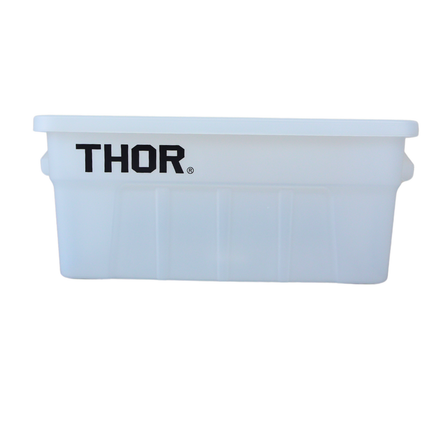 Front view of a clear plastic storage container with a ribbed sides and 'THOR' logo, featuring side handles.