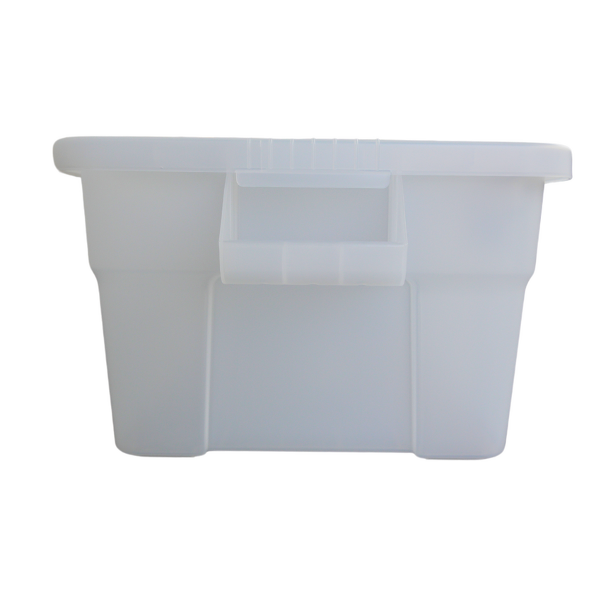 Side view of clear storage container facing the easy to grip handles.