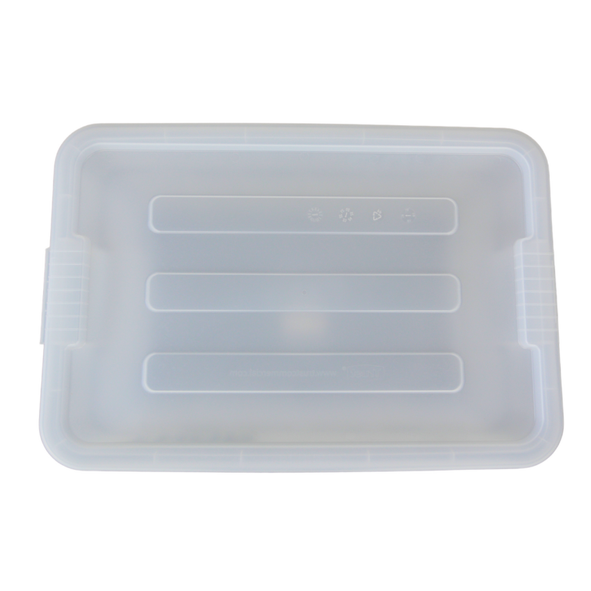 Above view of a clear storage container looking at the ribbed lid design.