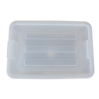 Above view of a clear storage container looking at the ribbed lid design.