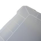 Close up of a clear storage container upside down showcasing the ribbed grip underneath.