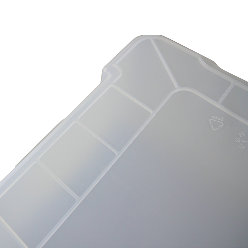 Close up of a clear storage container upside down showcasing the ribbed grip underneath.
