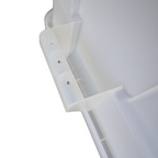 Close of of an upside down clear storage container showcasing the underneath of the handle grip.