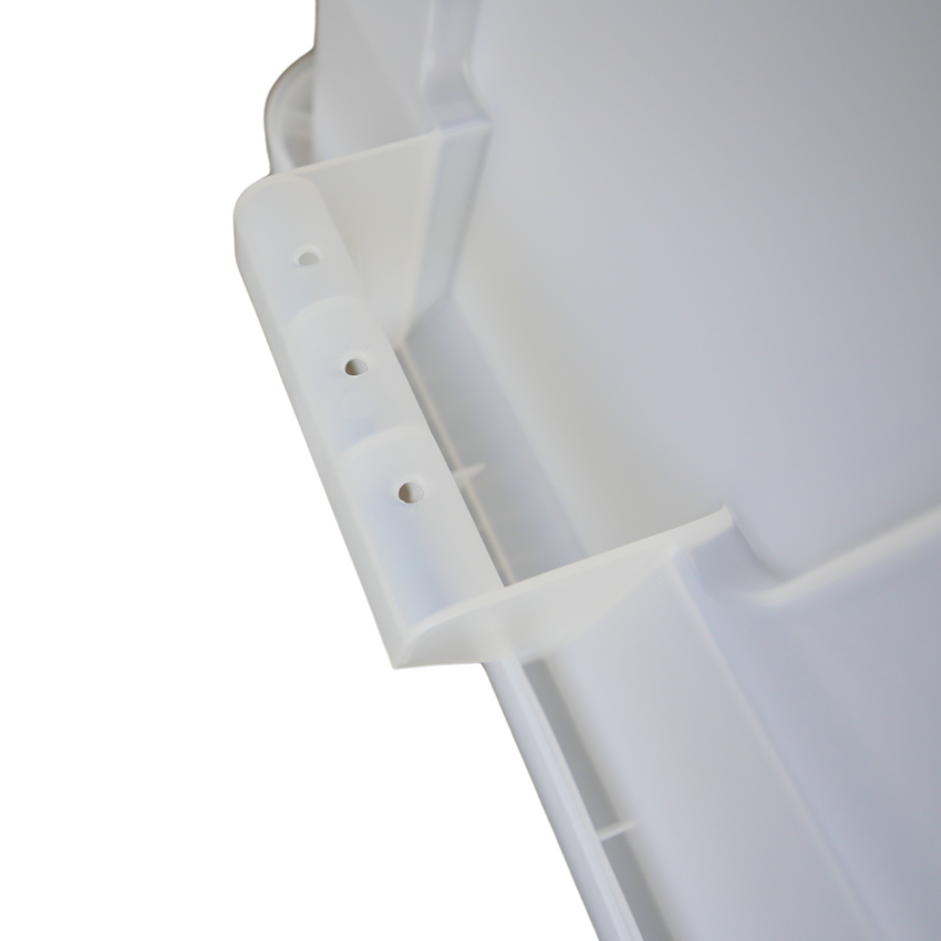 Close of of an upside down clear storage container showcasing the underneath of the handle grip.