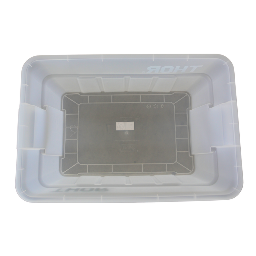 An above view of a empty clear storage container, showcasing plenty of space for all storage needs.