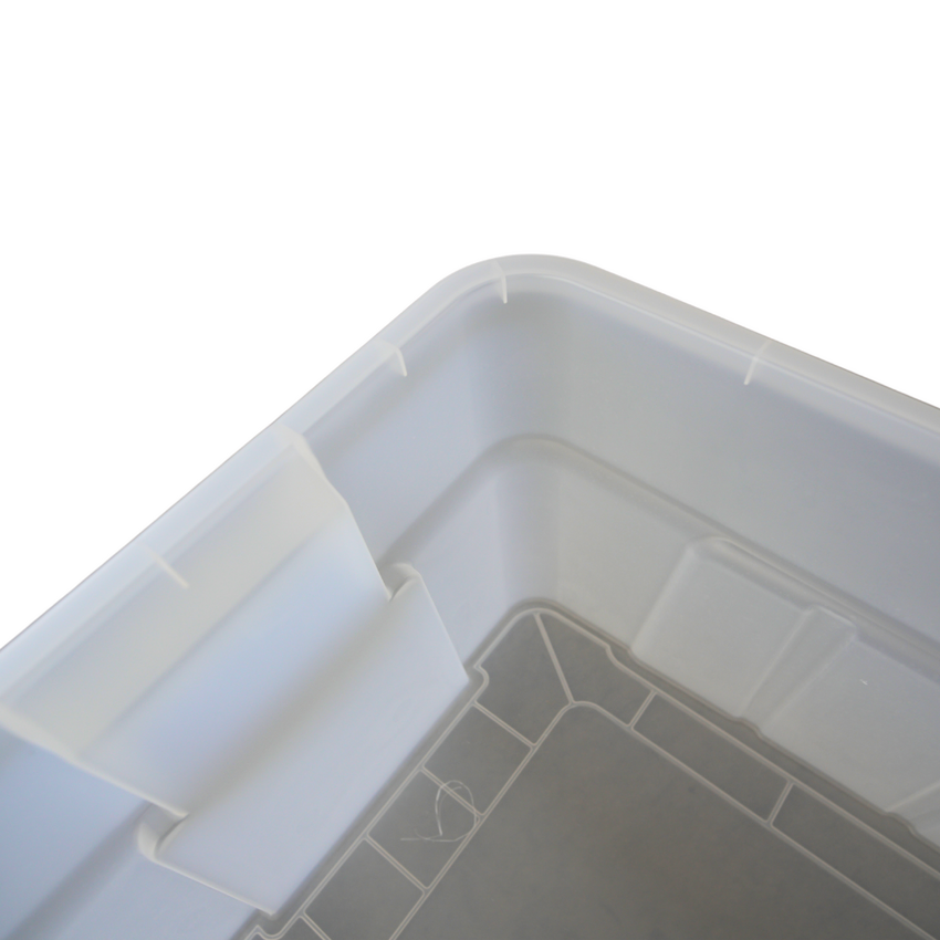 Close up of the inside corner of a clear storage container showing the smooth rounded edge.
