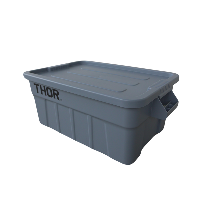 Grey plastic storage container with a ribbed lid and 'THOR' logo, featuring side handles for easy transport.