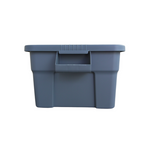 Side view of grey storage container facing the easy to grip handles.