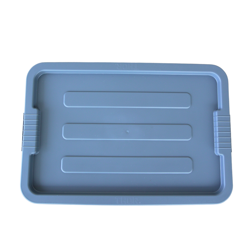 Above view of a grey storage container looking at the ribbed lid design.