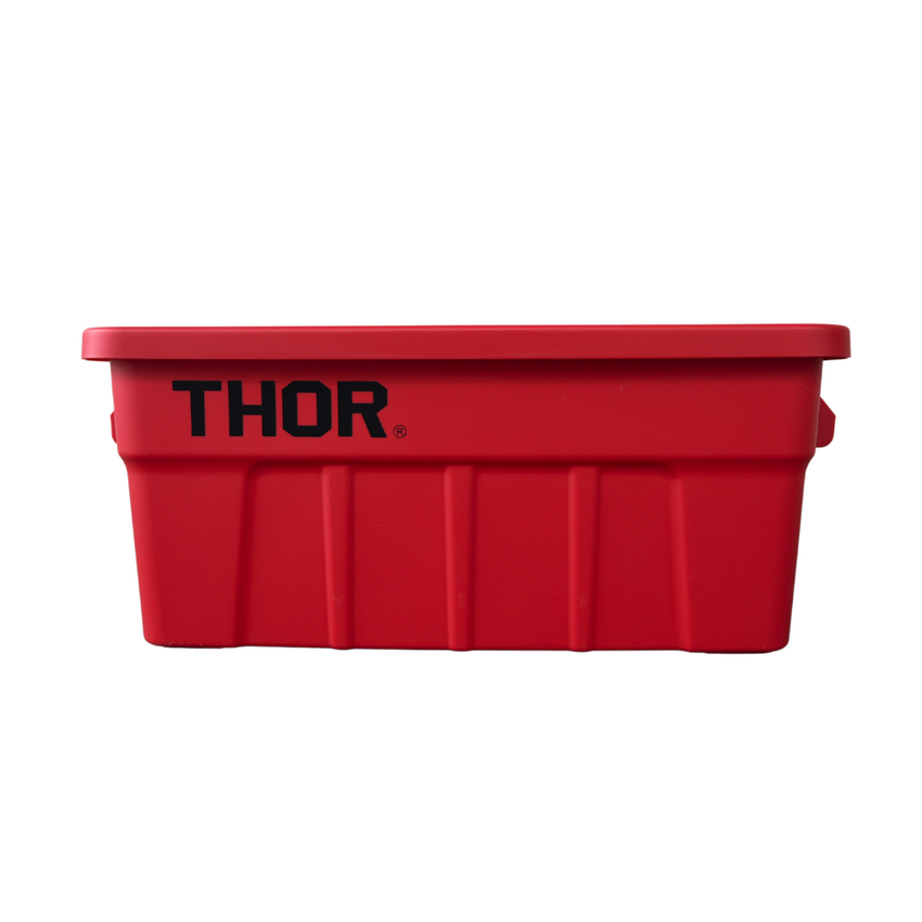Front view of a red plastic storage container with a ribbed sides and 'THOR' logo, featuring side handles.