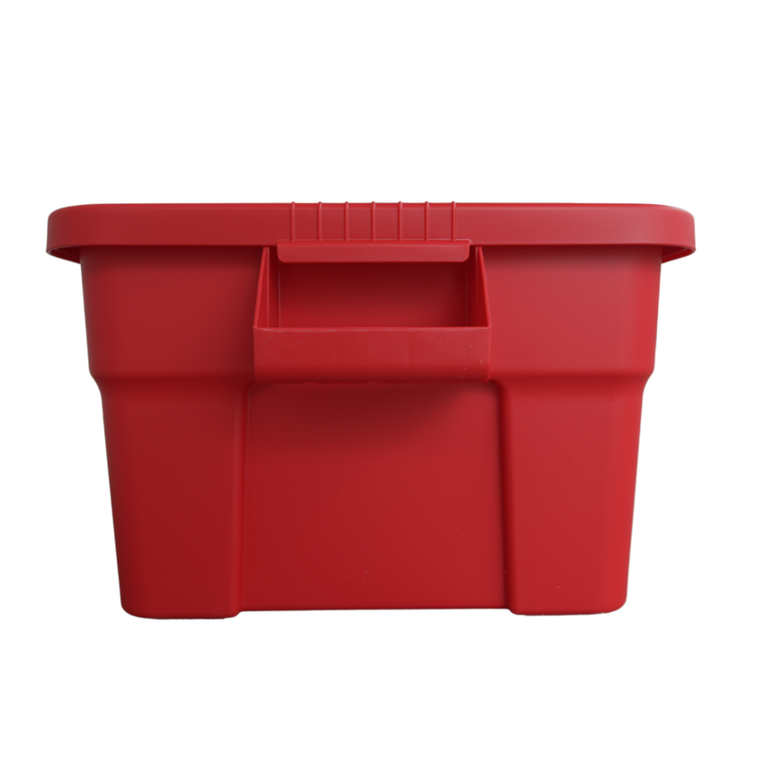 Side view of red storage container facing the easy to grip handles.