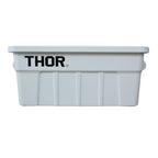 Front view of a white plastic storage container with a ribbed sides and 'THOR' logo, featuring side handles.