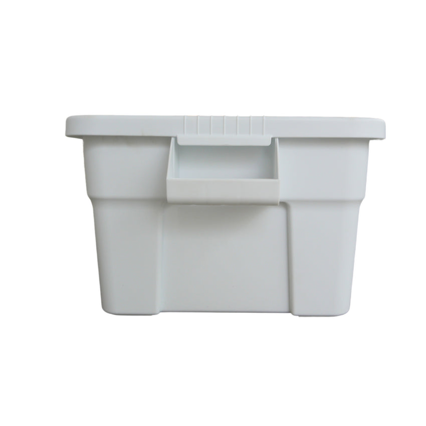 Side view of white storage container facing the easy to grip handles.