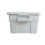 Side view of white storage container facing the easy to grip handles.