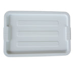 Above view of a white storage container looking at the ribbed lid design.