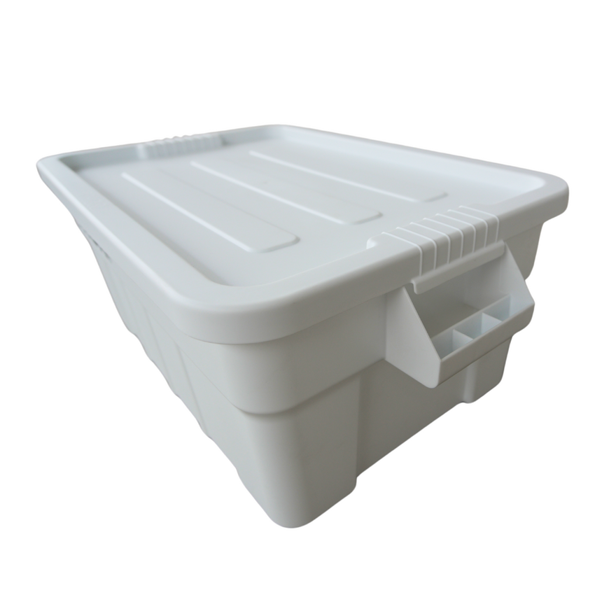 Side view of a white storage container with the lid on, showcasing the easy to grip handle.