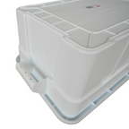 Close of of an upside down white storage container showcasing the underneath of the handle grip.